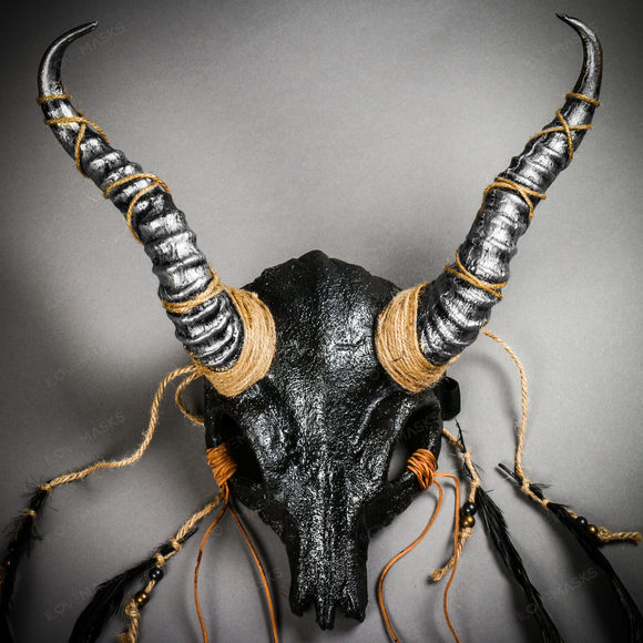 Antelope Devil Animal Skull with Silver Impala Horns Masquerade Mask - Black - Picture 4 of 10